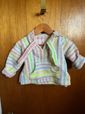 Striped Knit Mexican Poncho Hoodie in Pastel Rainbow